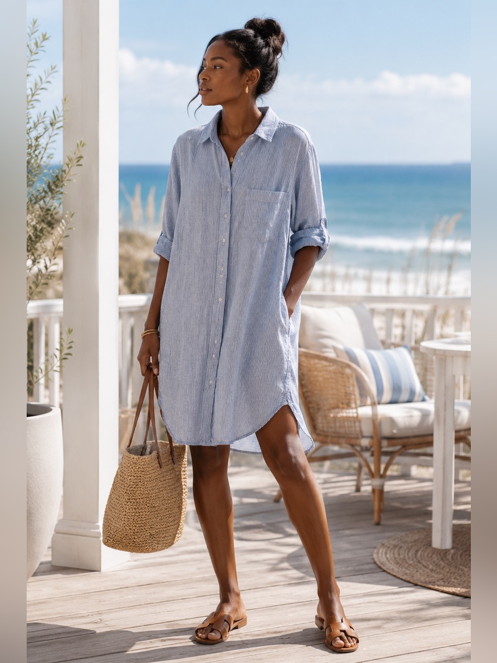 Quince blue pinstriped linen shirt dress size XL